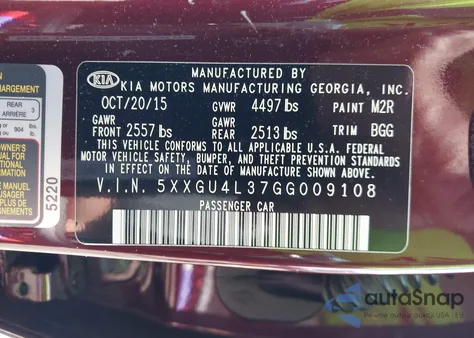 2016 Kia Optima Ex z USA, uszkodzony, nr VIN 5XXGU4L37GG009108